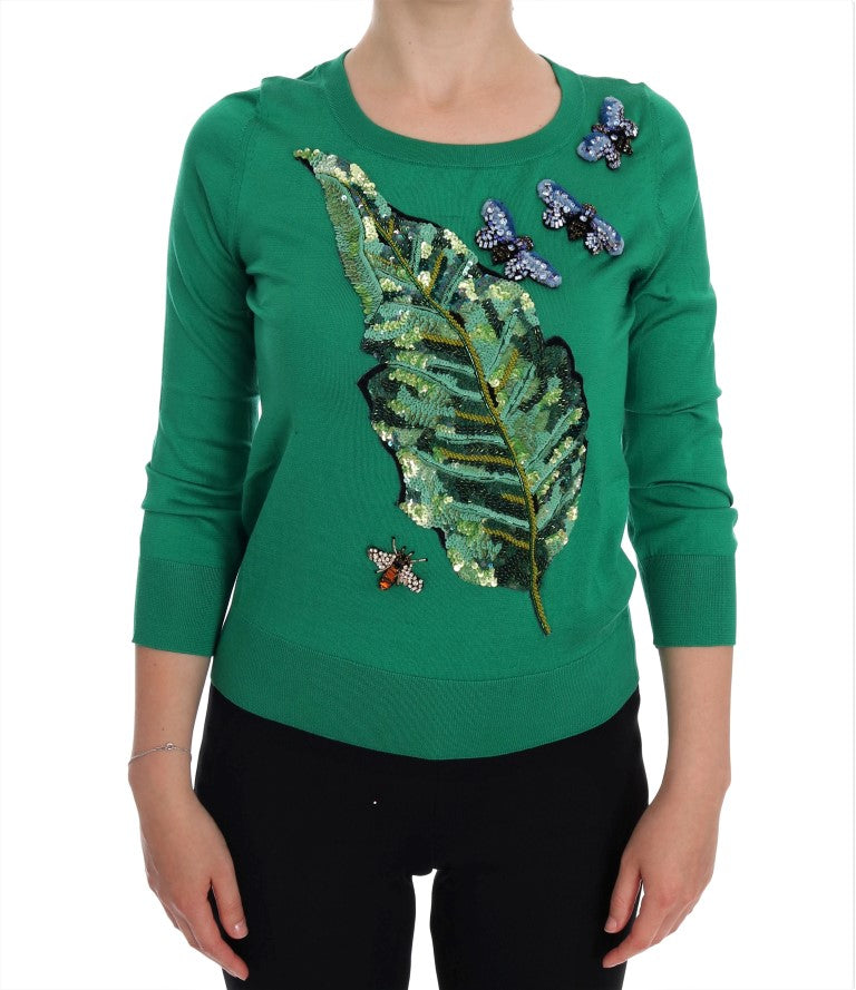 Verzierter grüner Seidenpullover