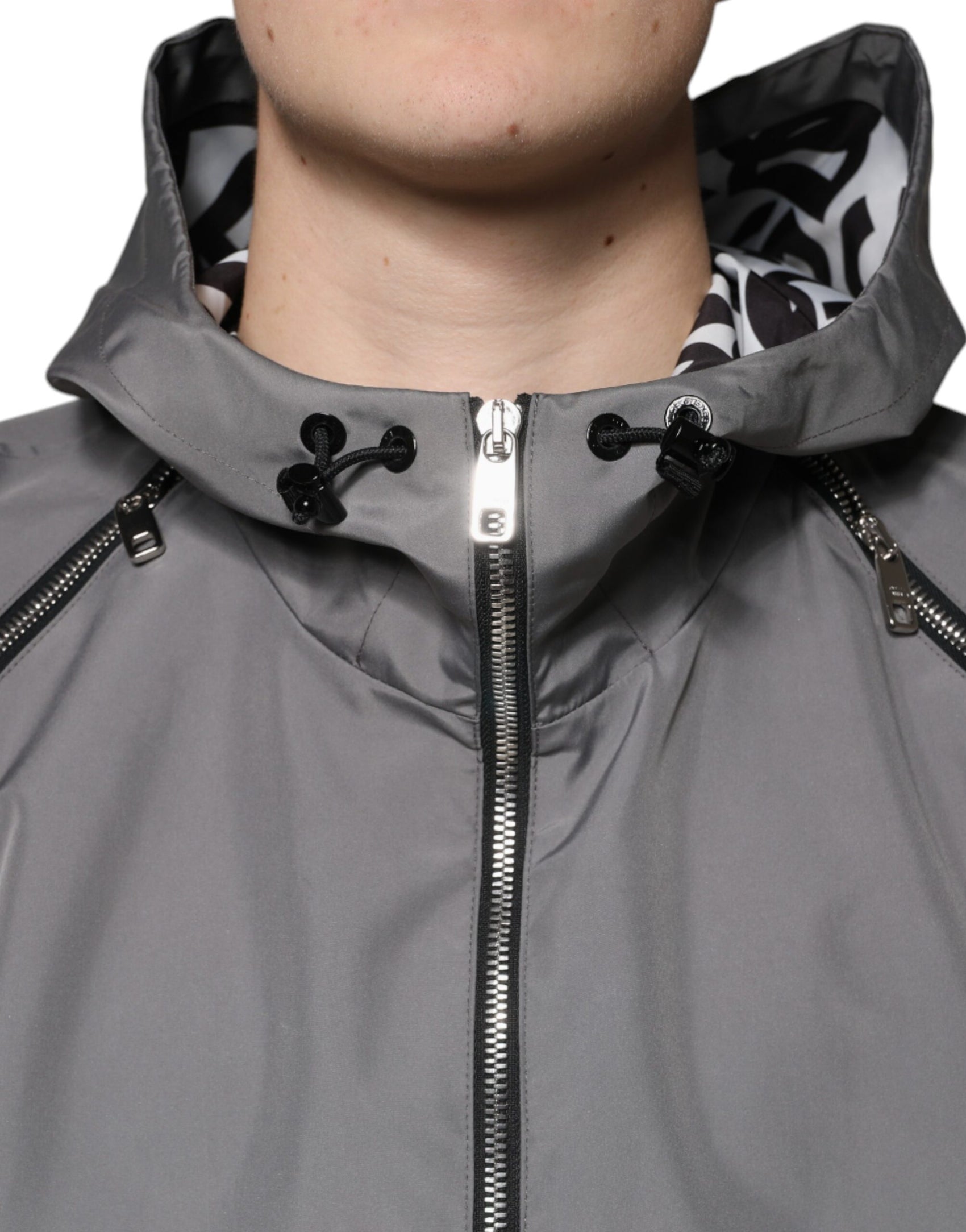 Graue Polyester-Kapuzenjacke für Herren mit durchgehendem Reißverschluss