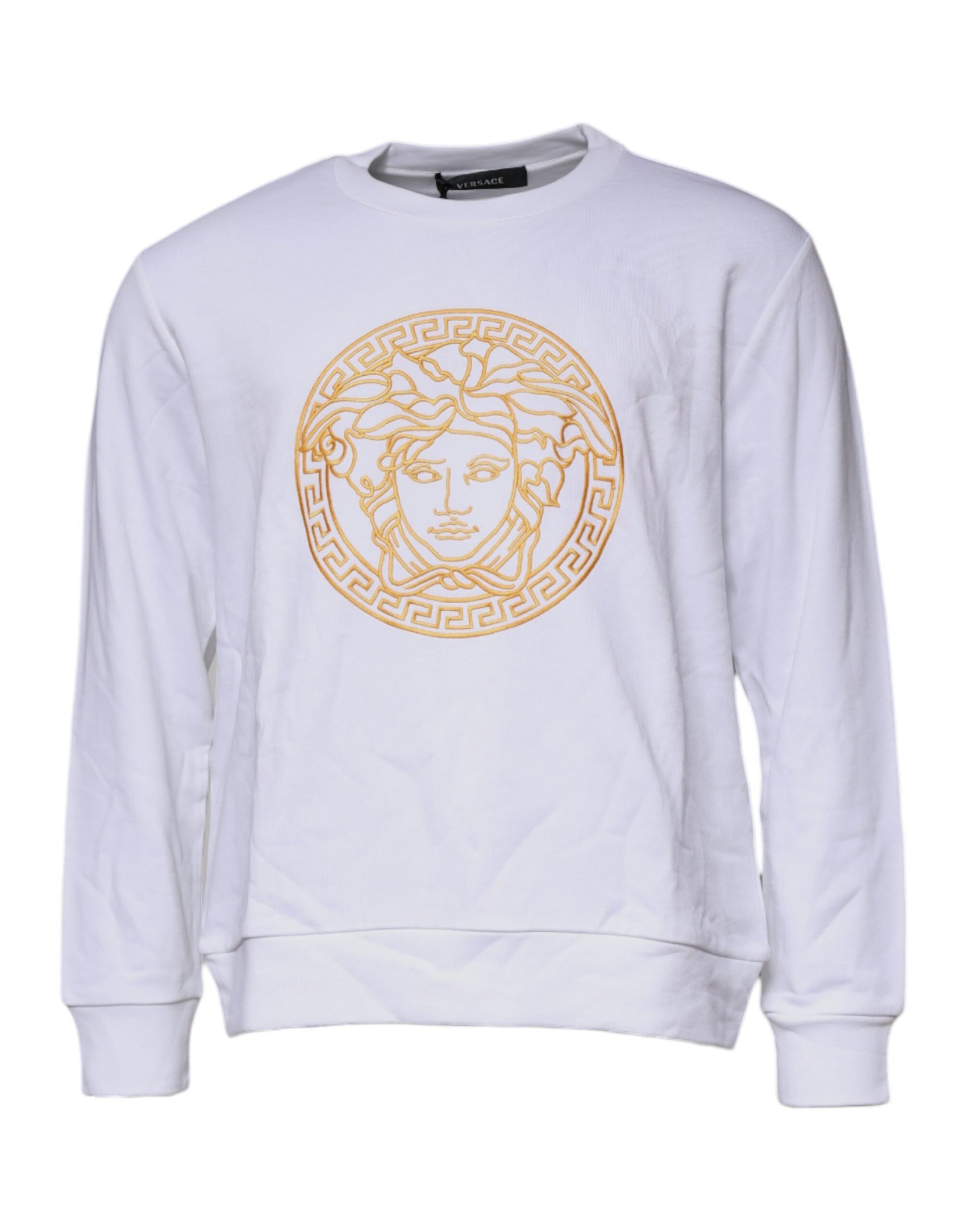 Weißer Pullover mit Rundhalsausschnitt und Medusa-Stickerei