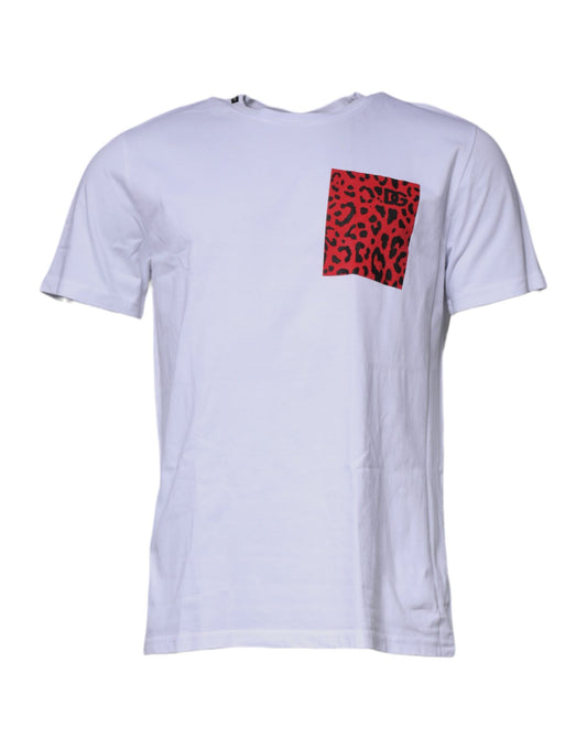 T-shirt girocollo in cotone con stampa leopardata bianca e rossa