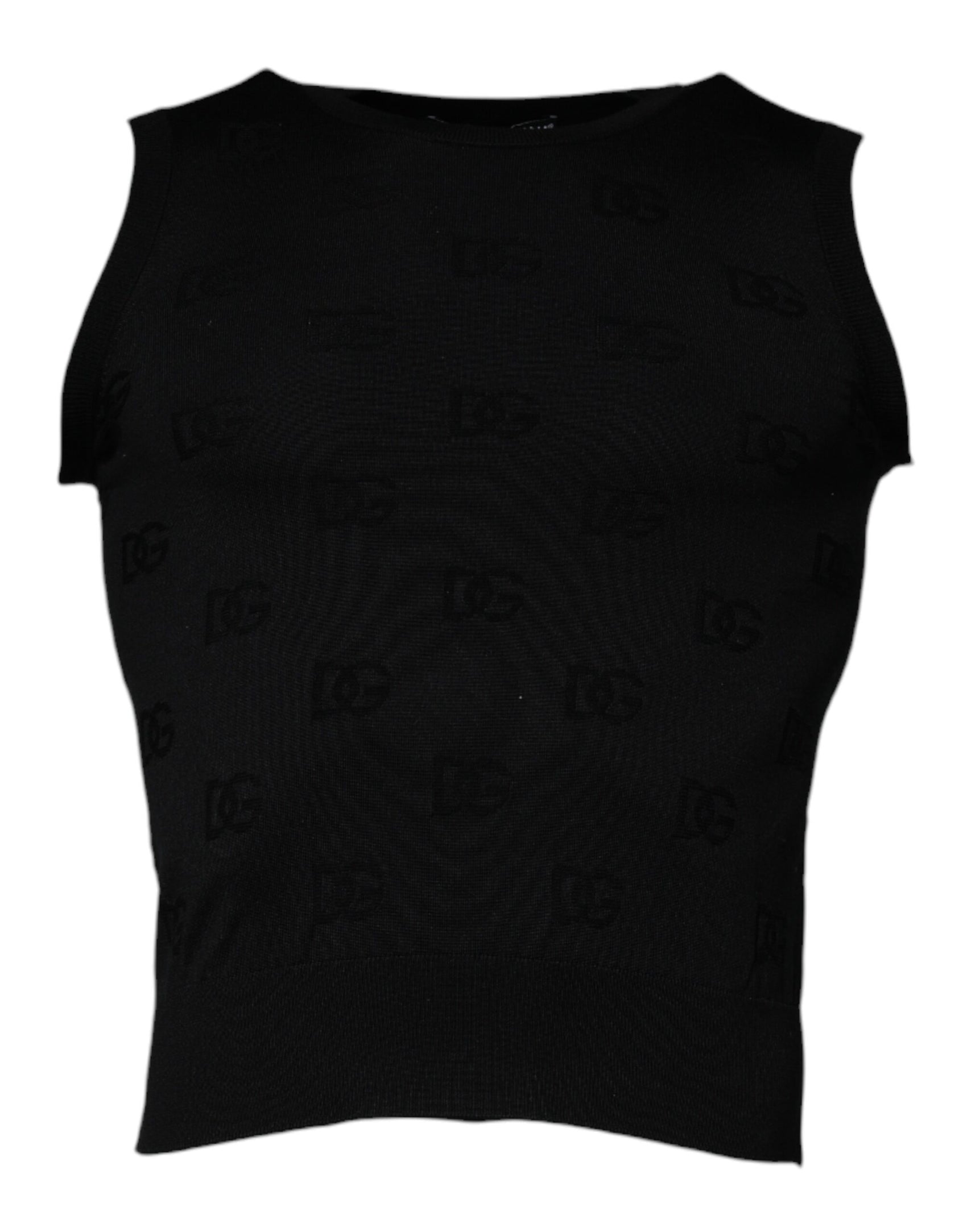 Schwarzes ärmelloses T-Shirt aus Seide mit Rundhalsausschnitt