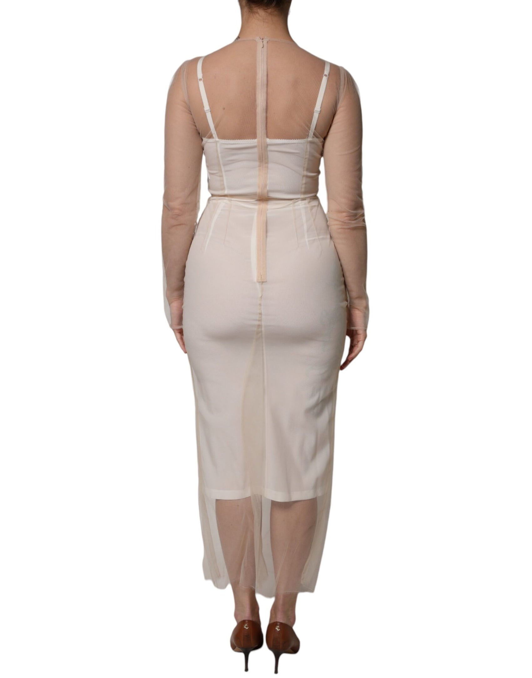 Abito midi aderente con bustier in tulle bianco trasparente