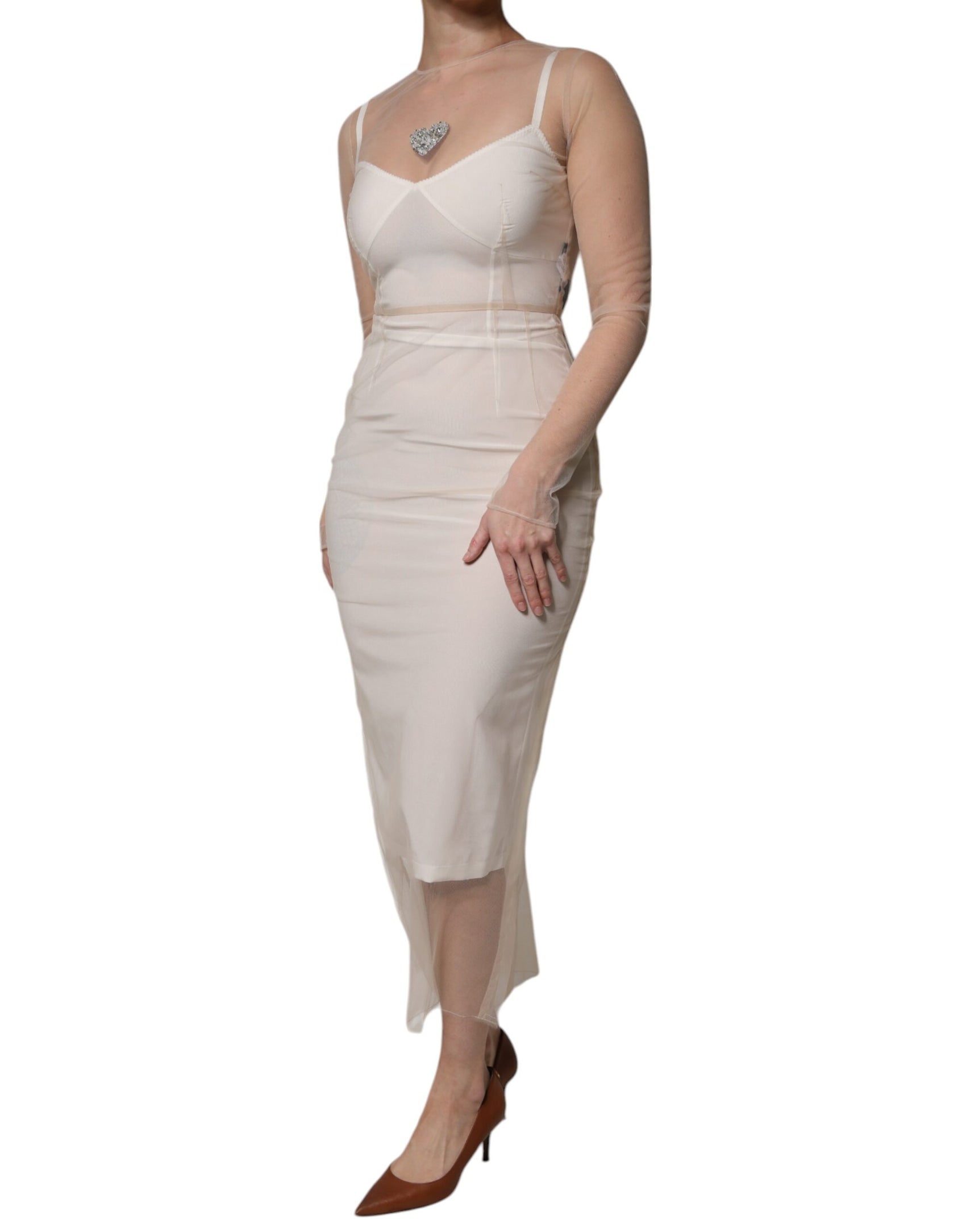 Abito midi aderente con bustier in tulle bianco trasparente
