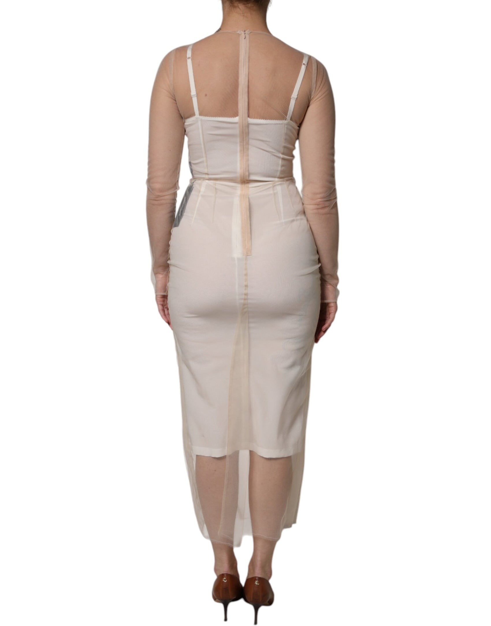 Abito midi aderente con bustier in tulle bianco trasparente