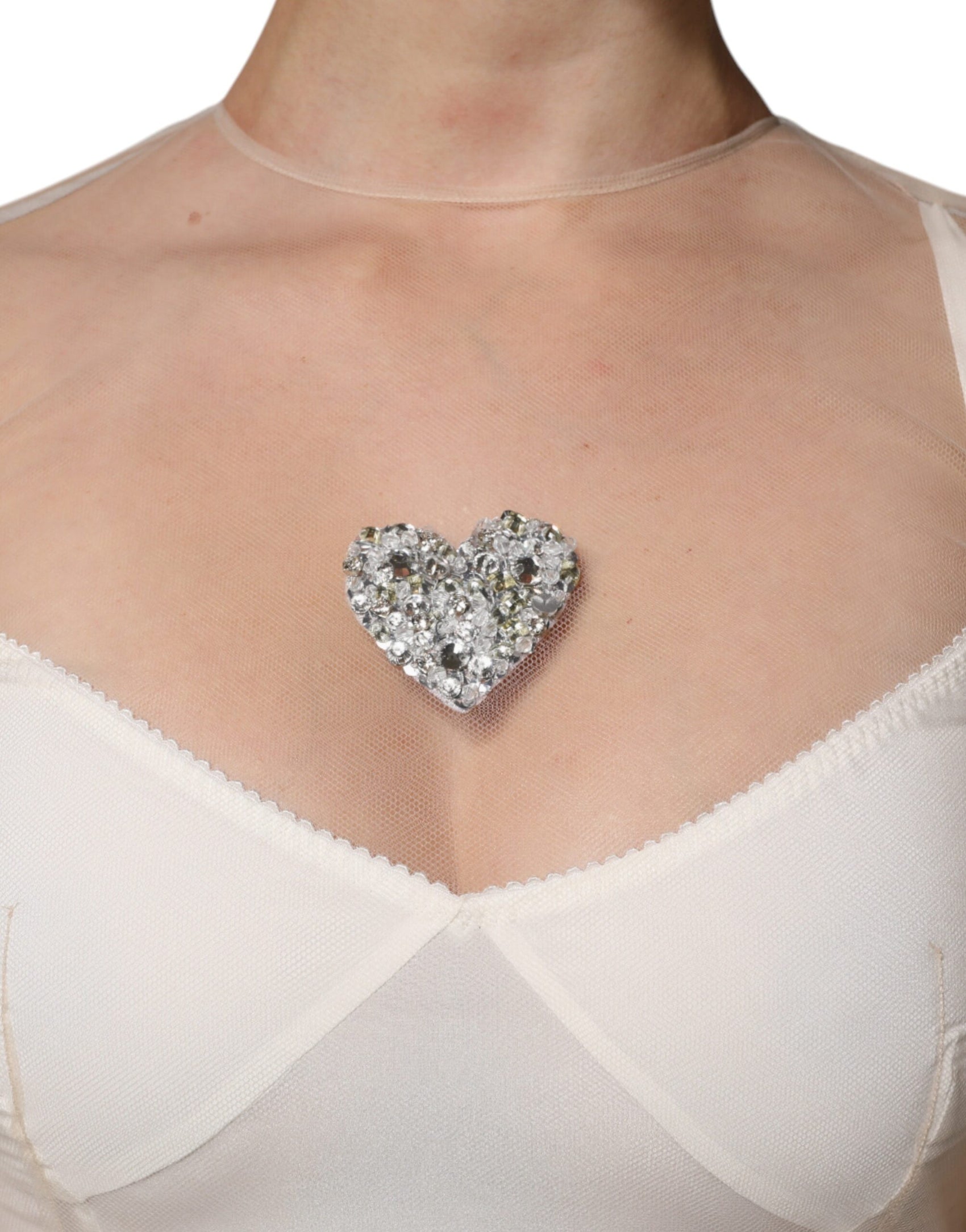 Abito midi aderente con bustier in tulle bianco trasparente