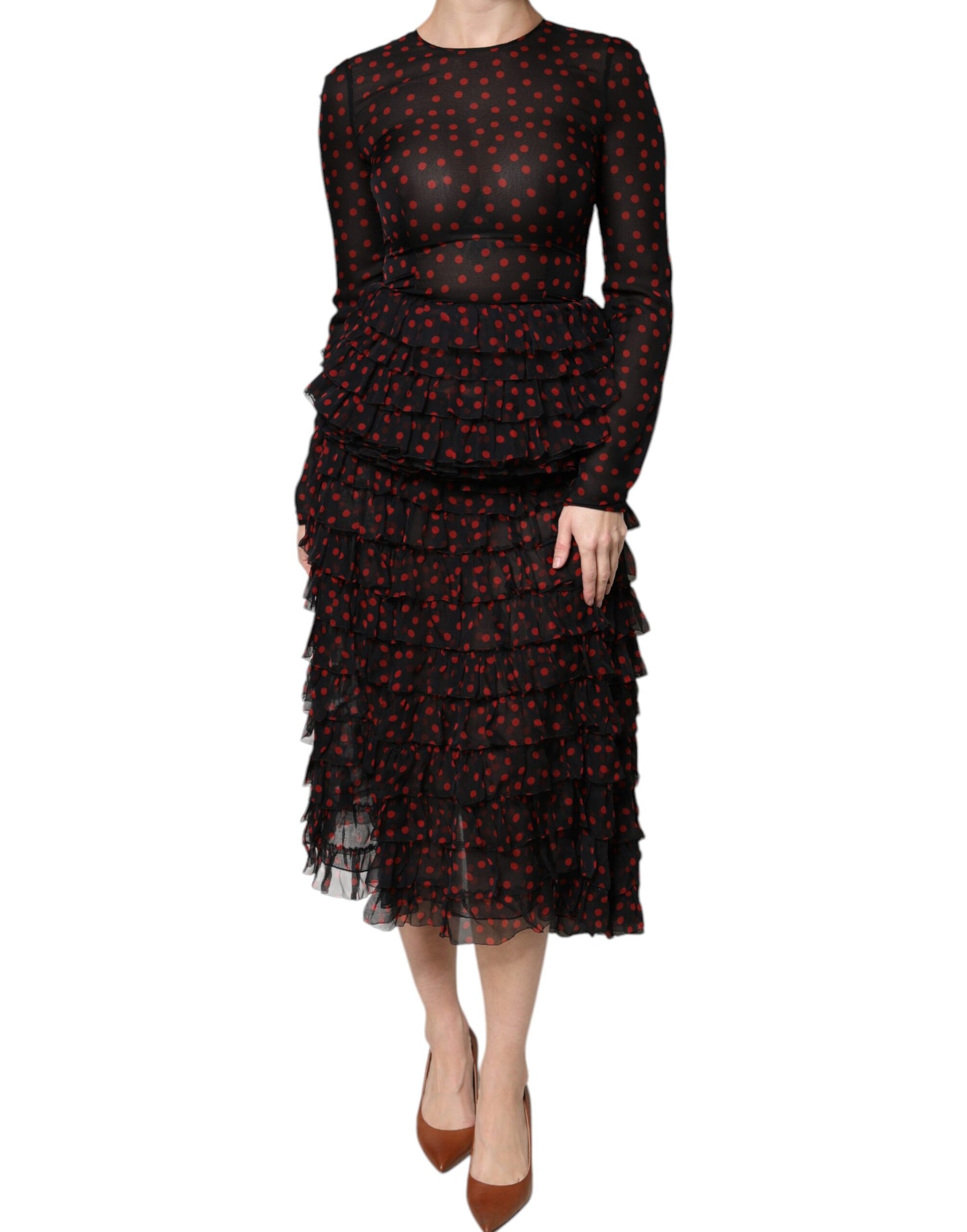 Schwarz-rotes Midikleid aus Seide mit Polka Dots