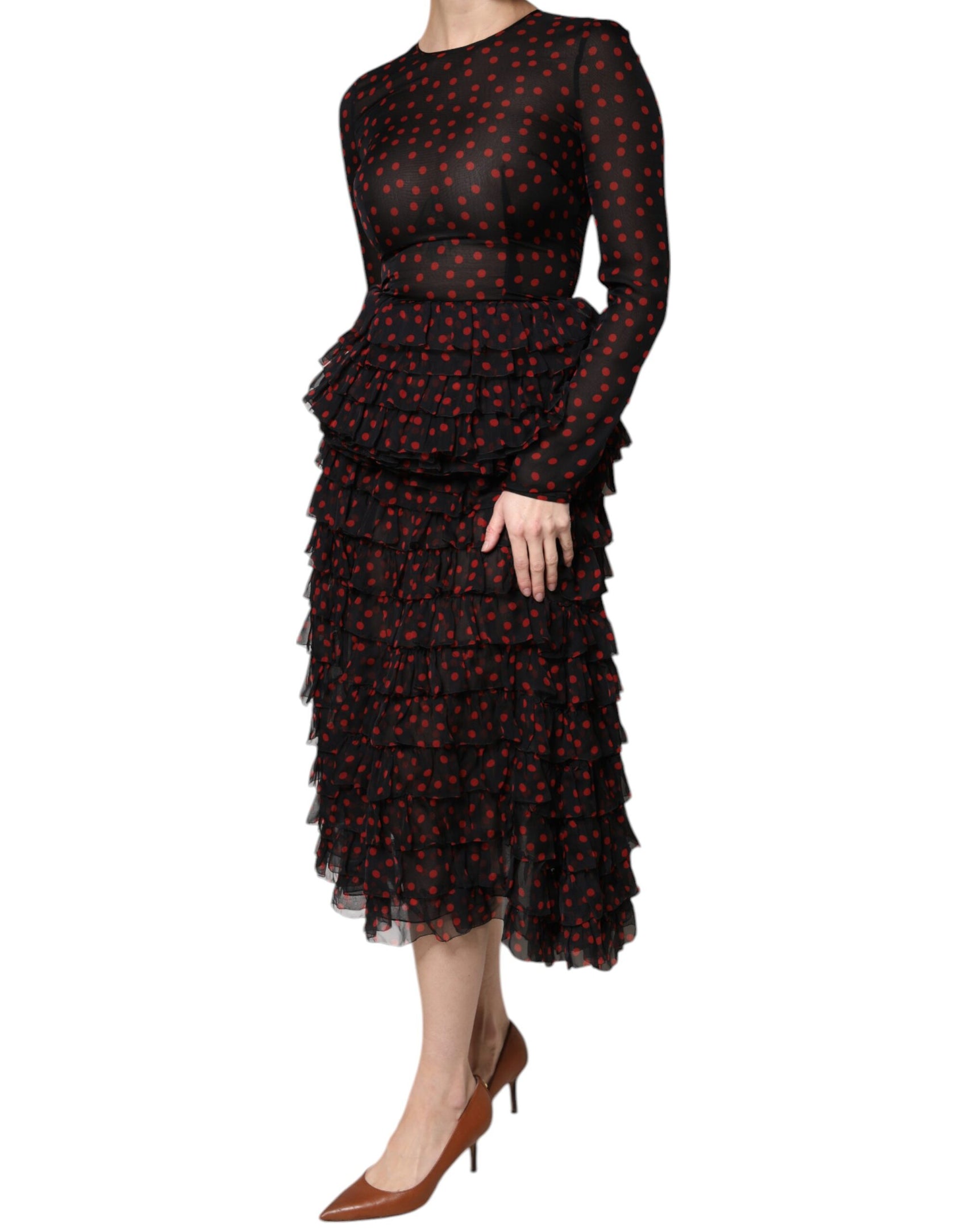 Schwarz-rotes Midikleid aus Seide mit Polka Dots