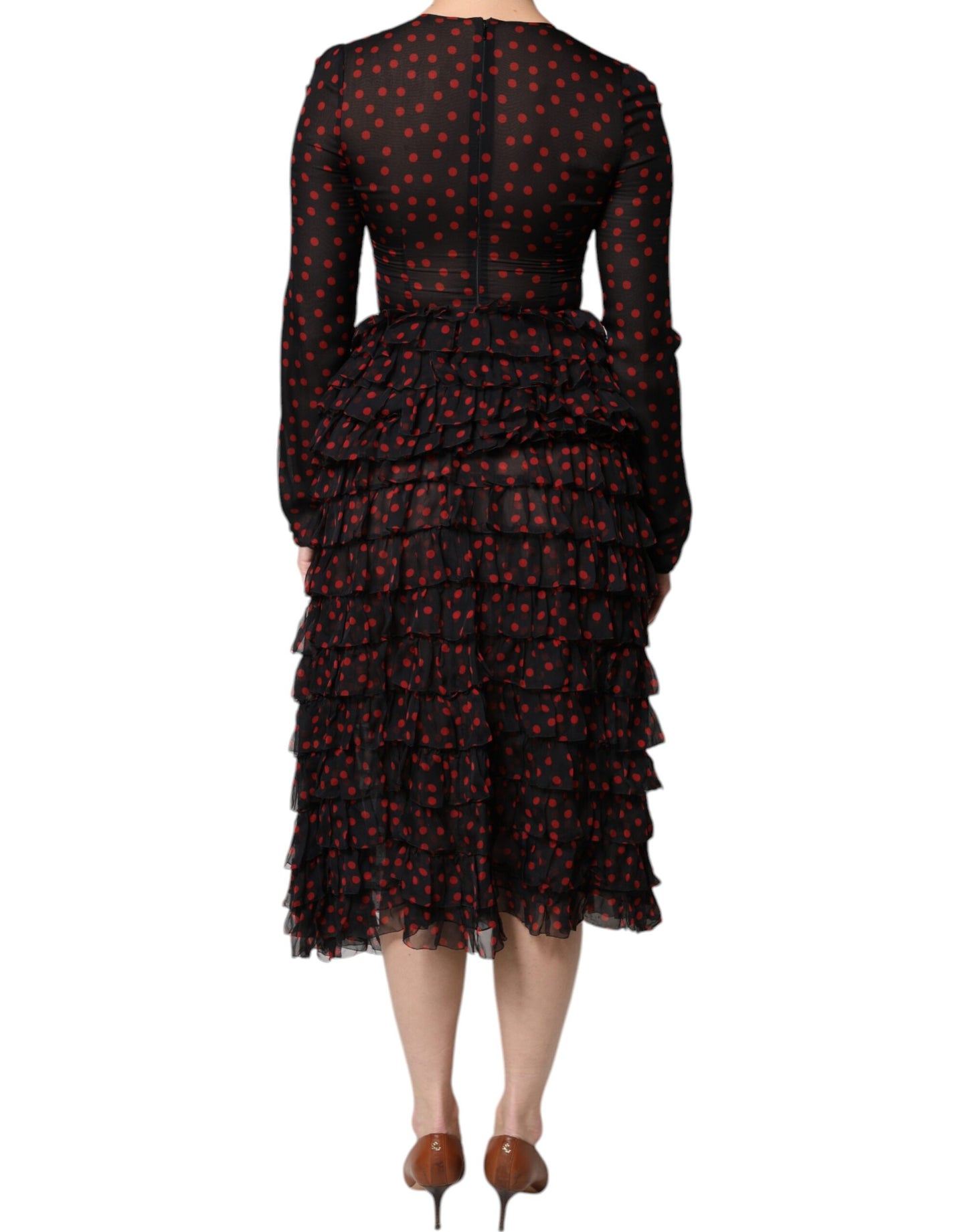 Schwarz-rotes Midikleid aus Seide mit Polka Dots