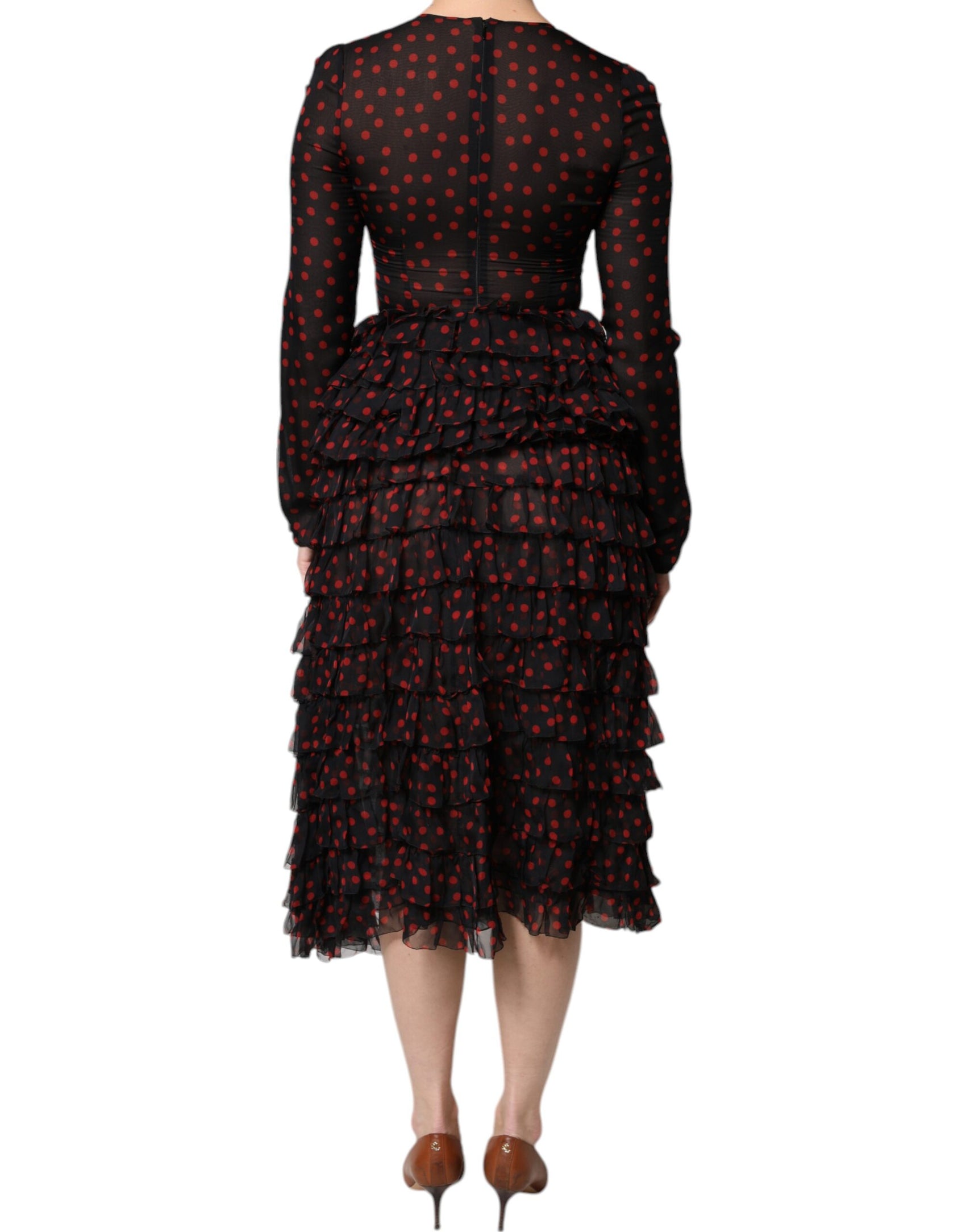 Schwarz-rotes Midikleid aus Seide mit Polka Dots