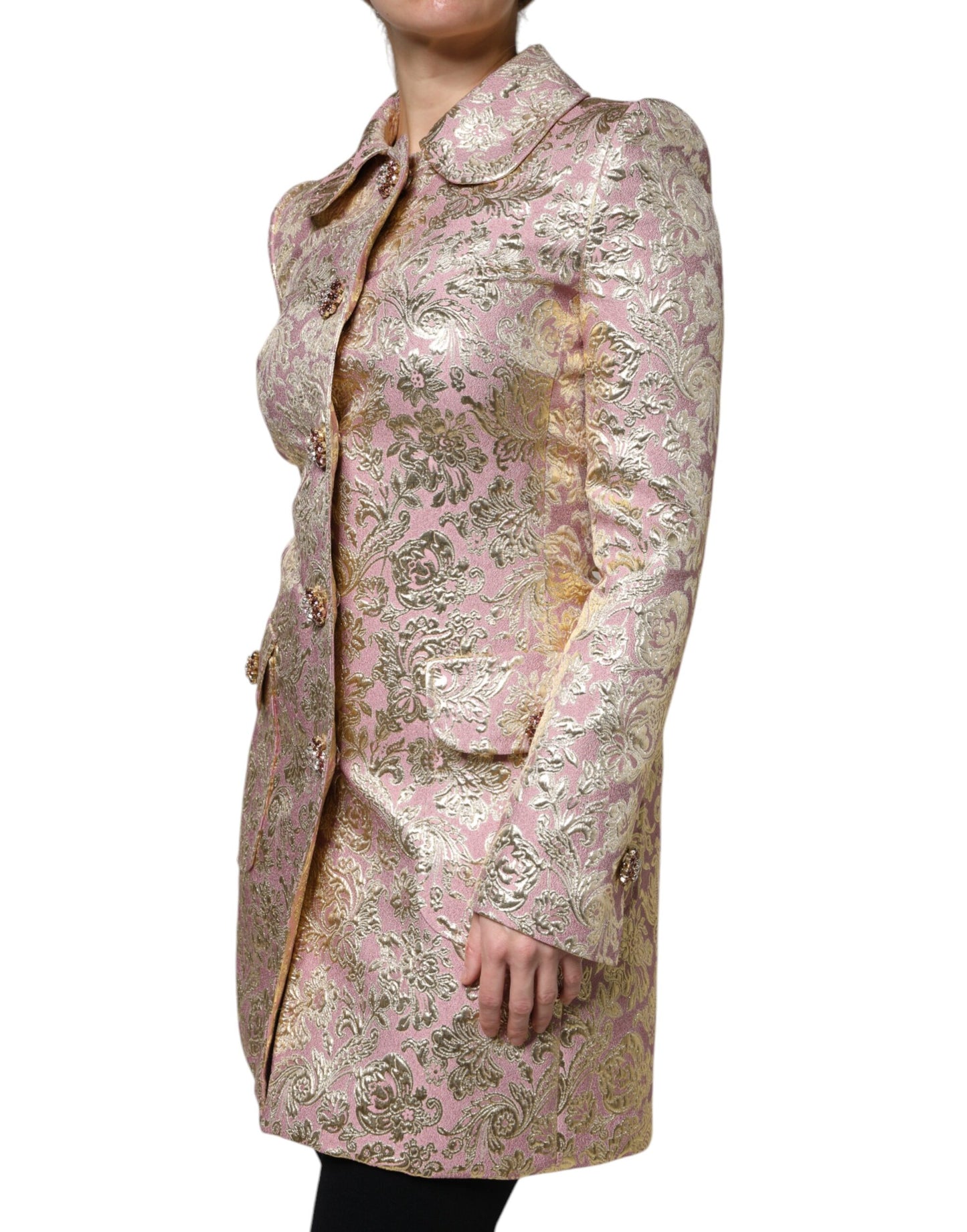 Metallic Pink Gold Jacquard Jewel Button Coat Jacket