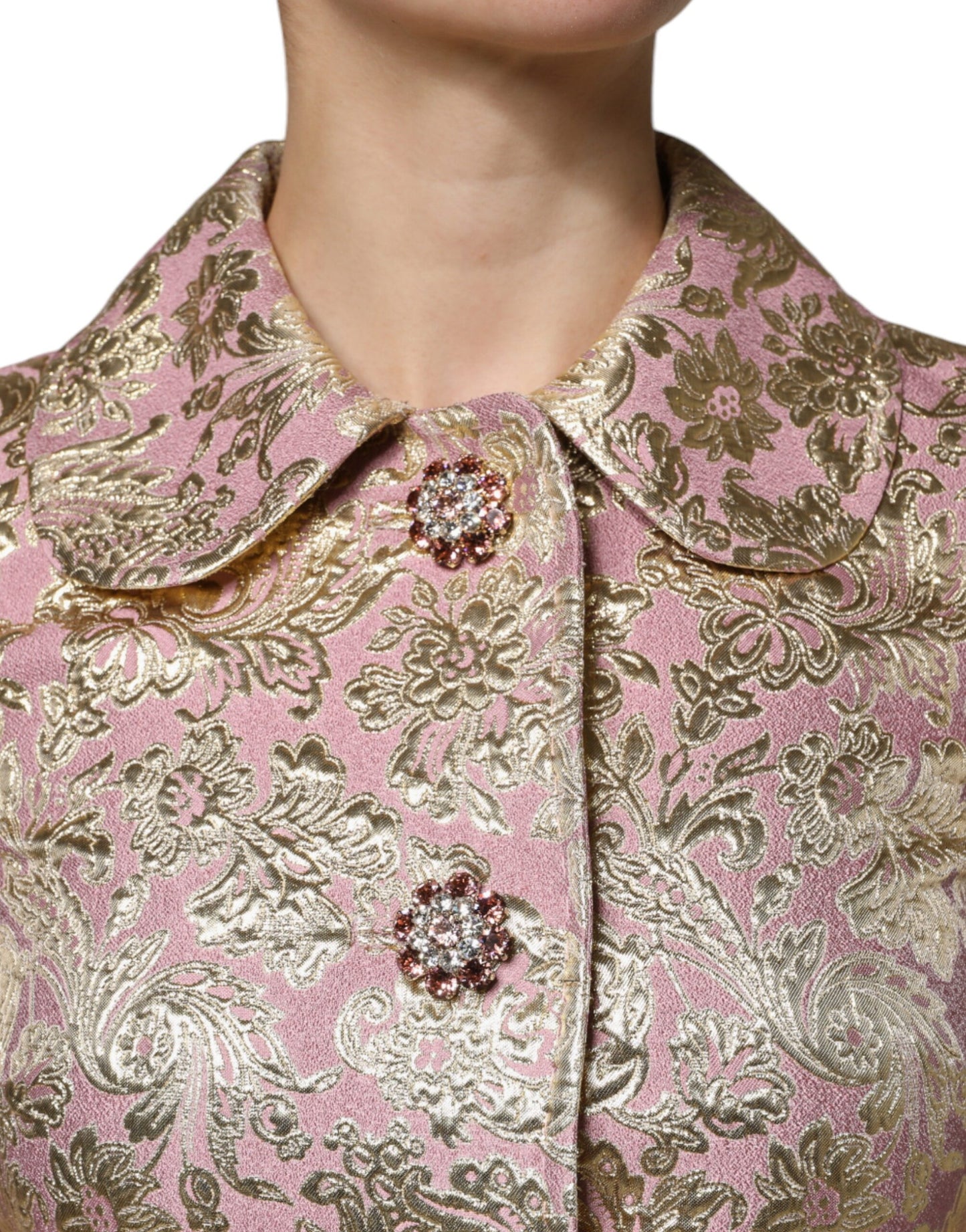 Metallic Pink Gold Jacquard Jewel Button Coat Jacket