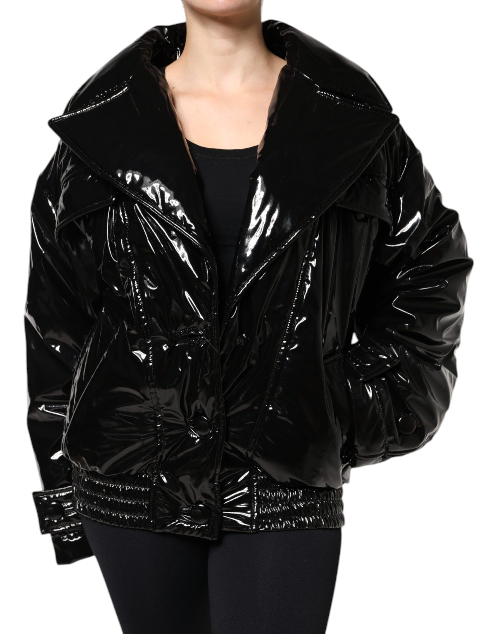 Black Polyester Button Down Blouson Jacket