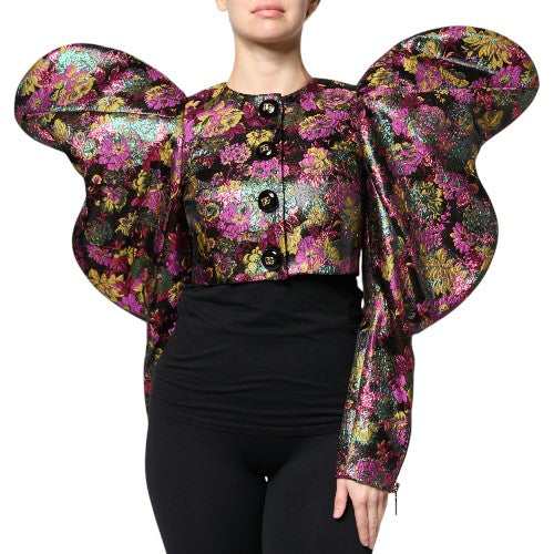 Kurze, mehrfarbige Jacquard-Jacke mit Blumenmuster