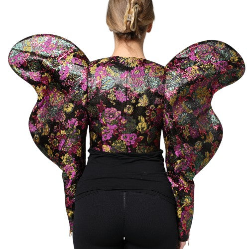 Kurze, mehrfarbige Jacquard-Jacke mit Blumenmuster