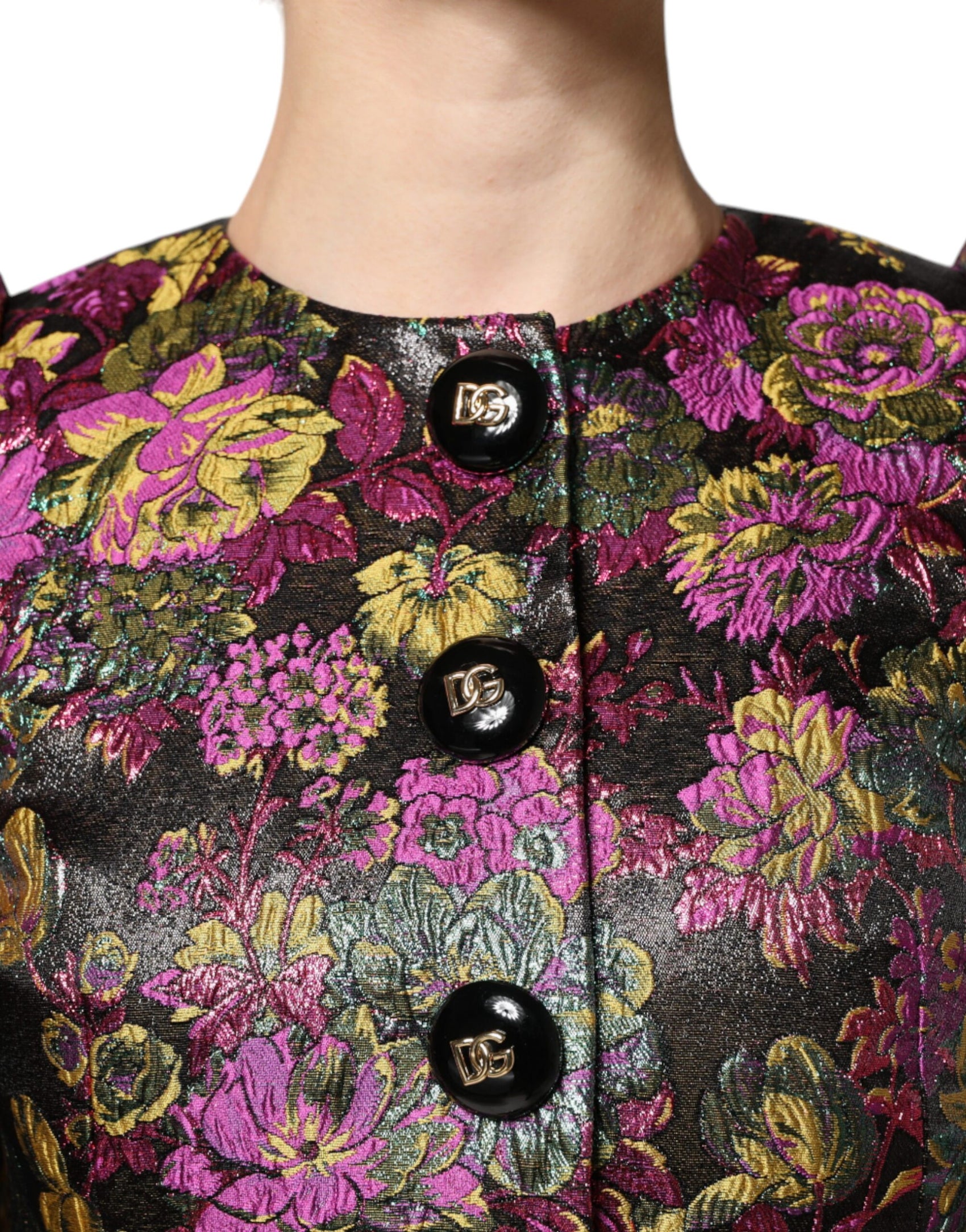 Kurze, mehrfarbige Jacquard-Jacke mit Blumenmuster