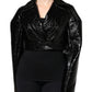 Black Leather Cropped Long Sleeve Coat Jacket