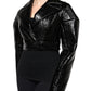 Black Leather Cropped Long Sleeve Coat Jacket