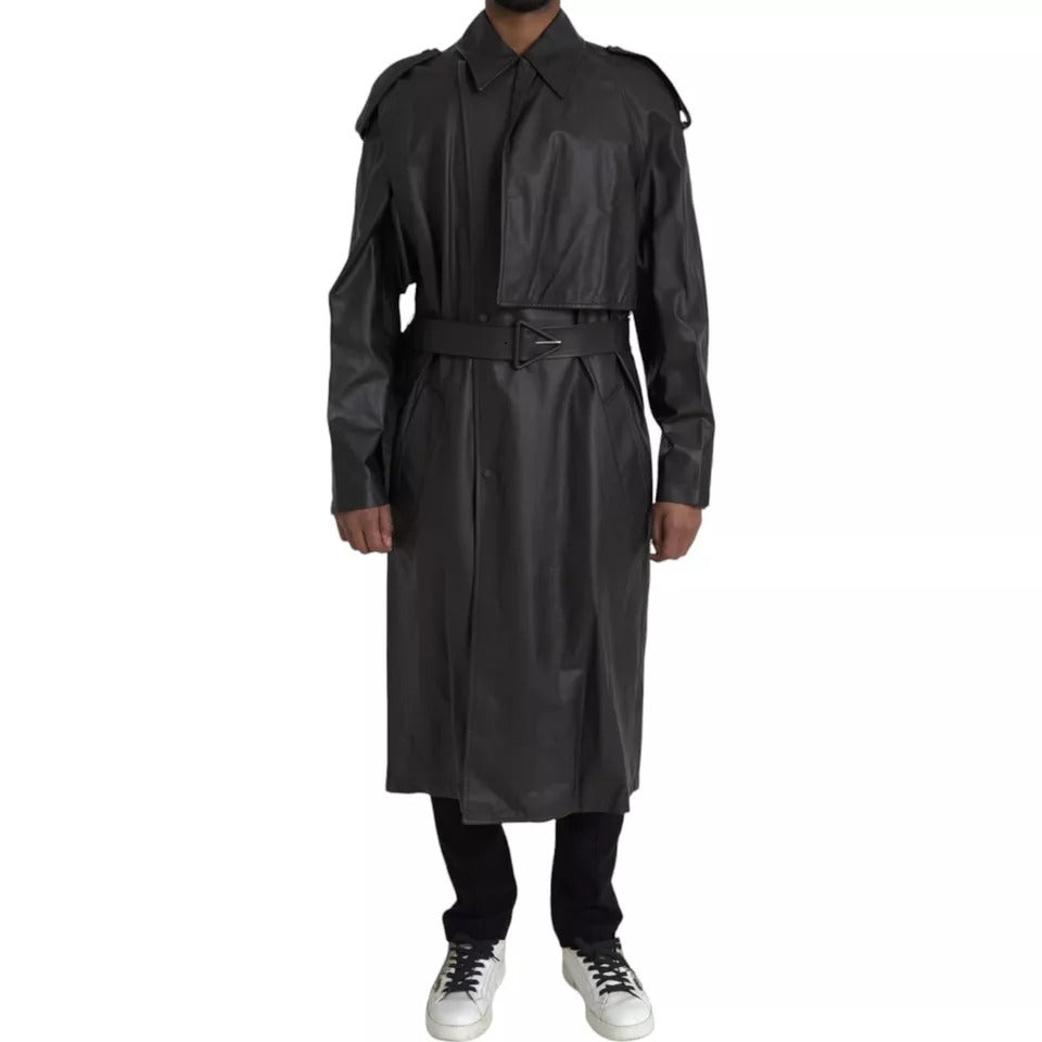 Schwarze wasserdichte Trenchcoatjacke aus Leder für Herren