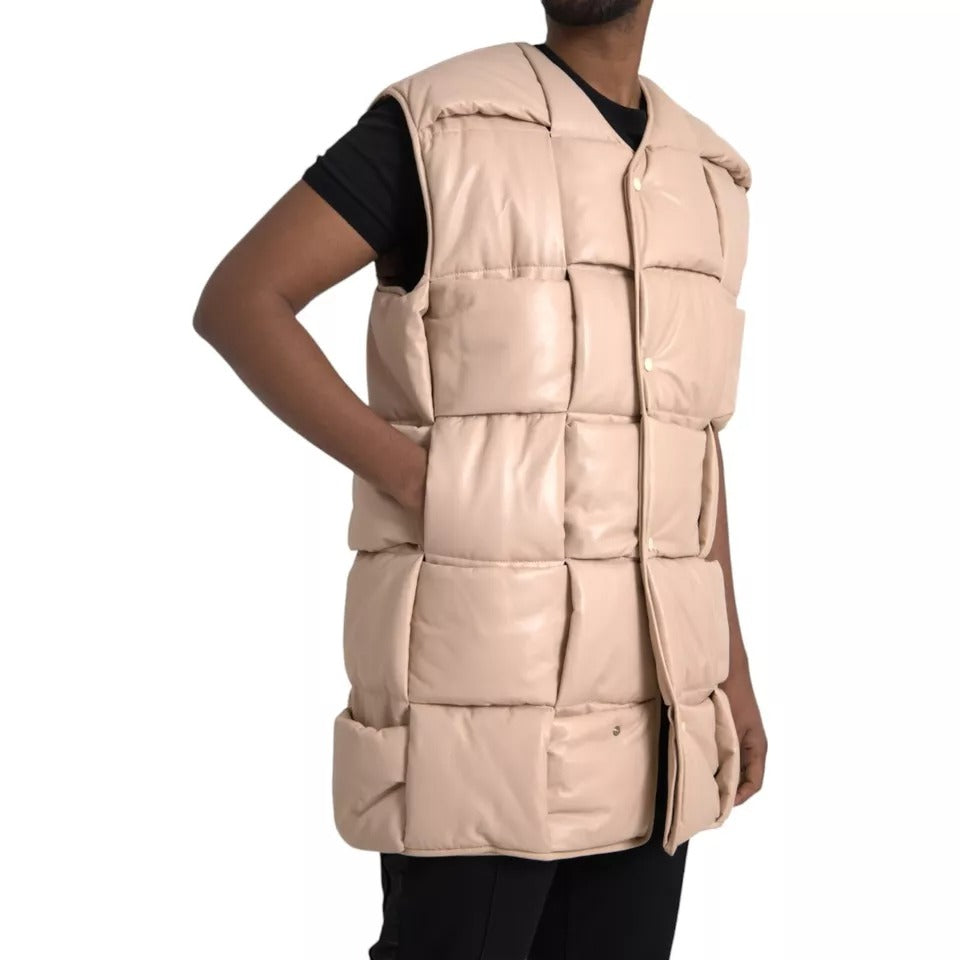 Beige Quilted Sleeveless Calf Leather Jacket