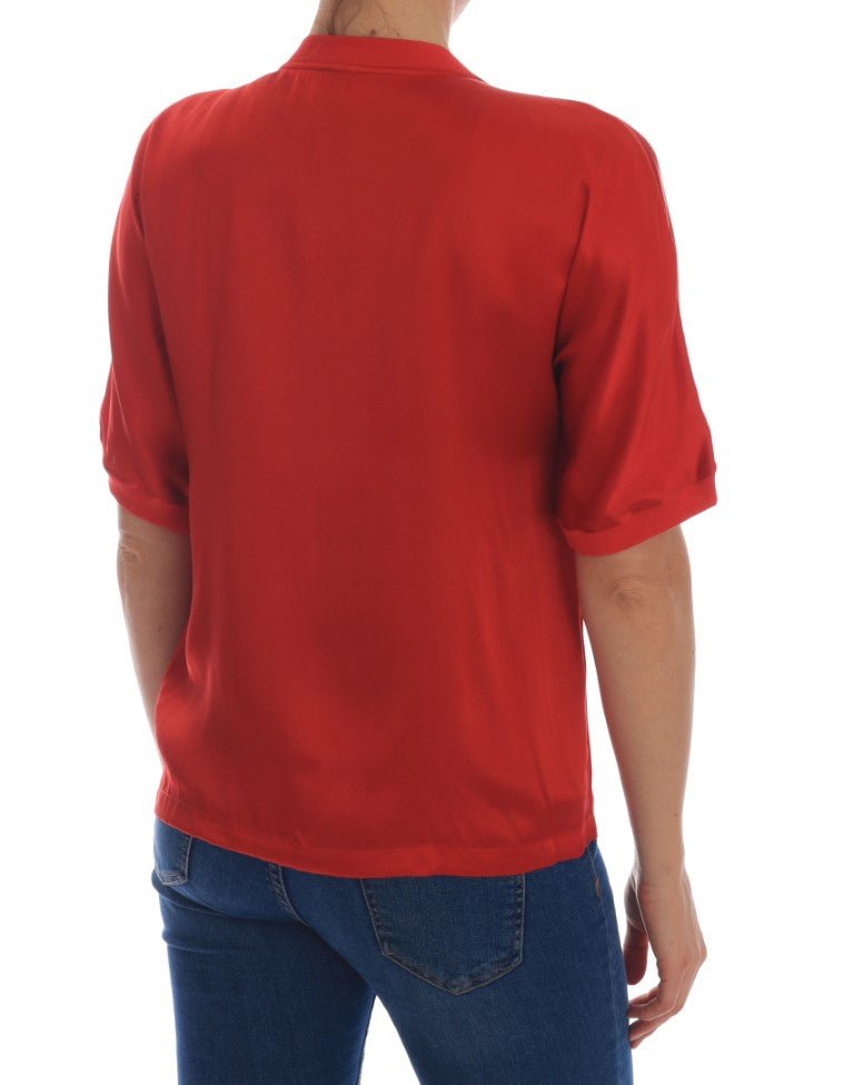 Elegante rote Seidenbluse mit Kristallverzierung
