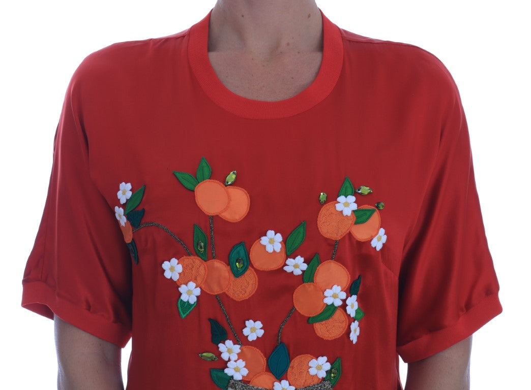 Elegante rote Seidenbluse mit Kristallverzierung