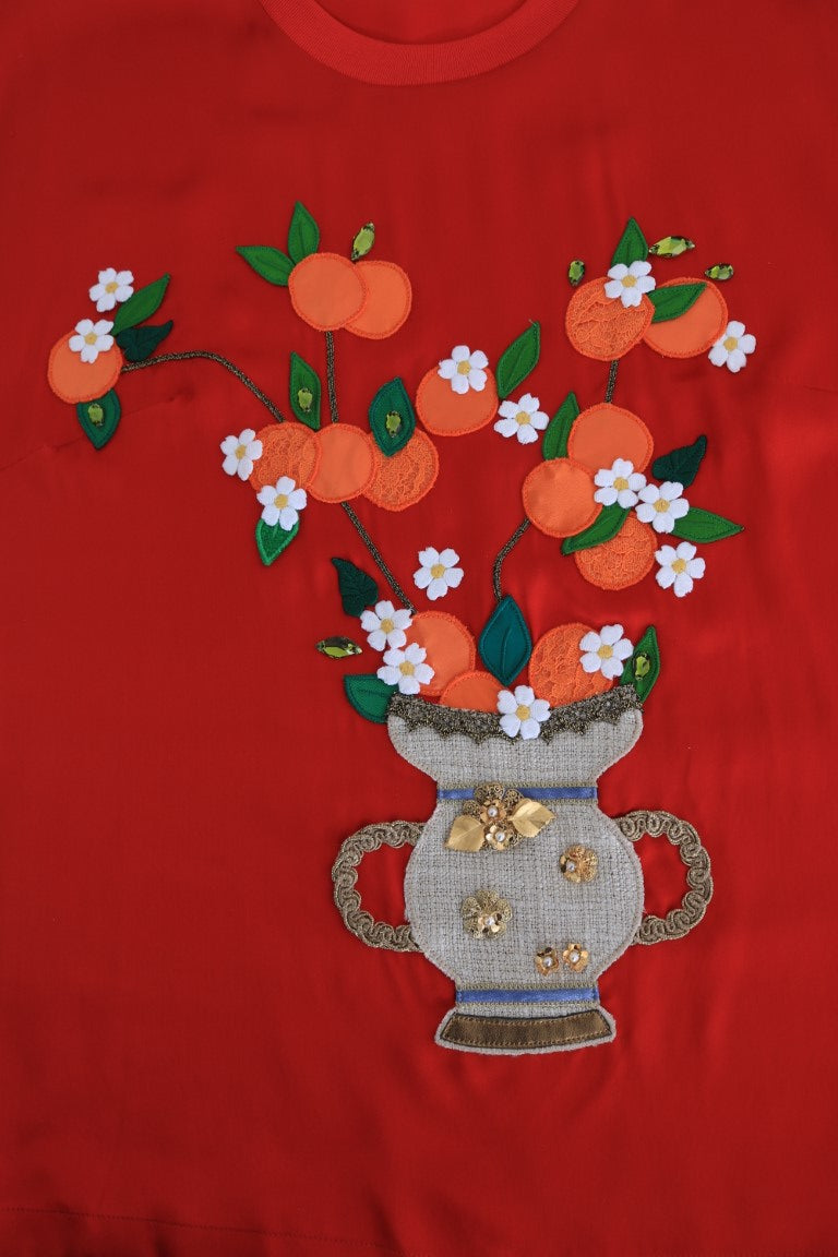 Elegante rote Seidenbluse mit Kristallverzierung