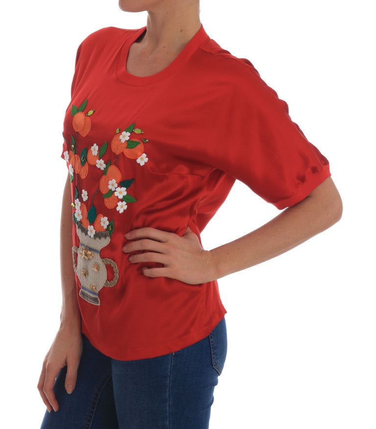 Elegante rote Seidenbluse mit Kristallverzierung