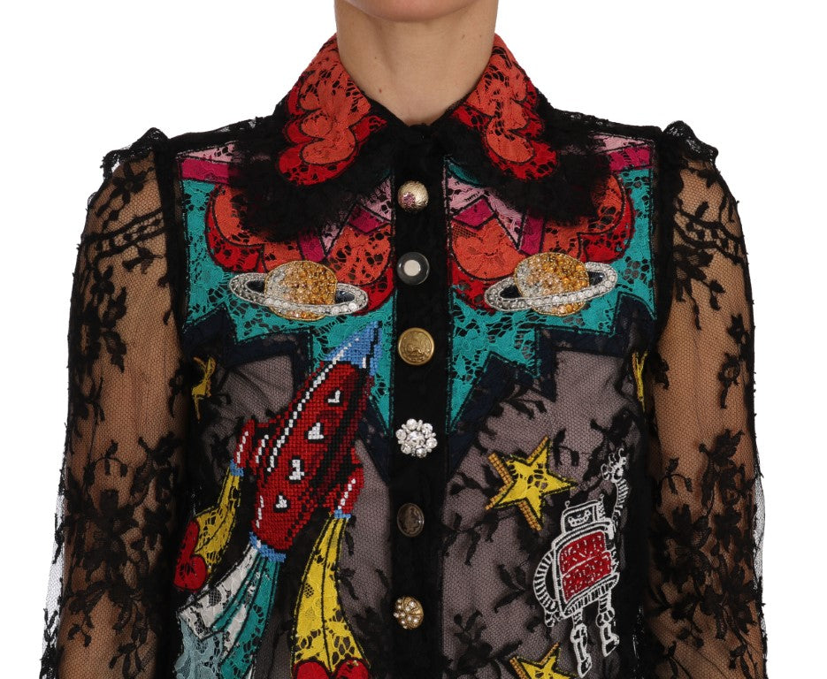 Bluse mit floraler Spitze und Kristallen bestickt