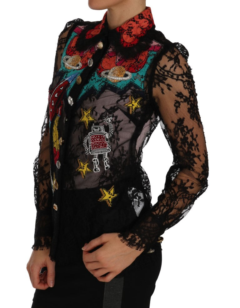 Bluse mit floraler Spitze und Kristallen bestickt