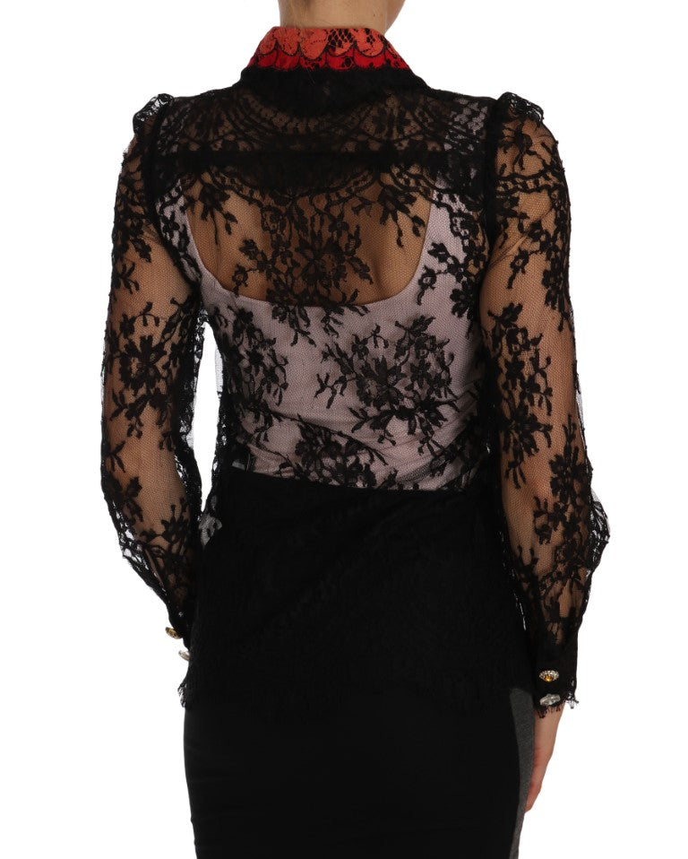 Bluse mit floraler Spitze und Kristallen bestickt