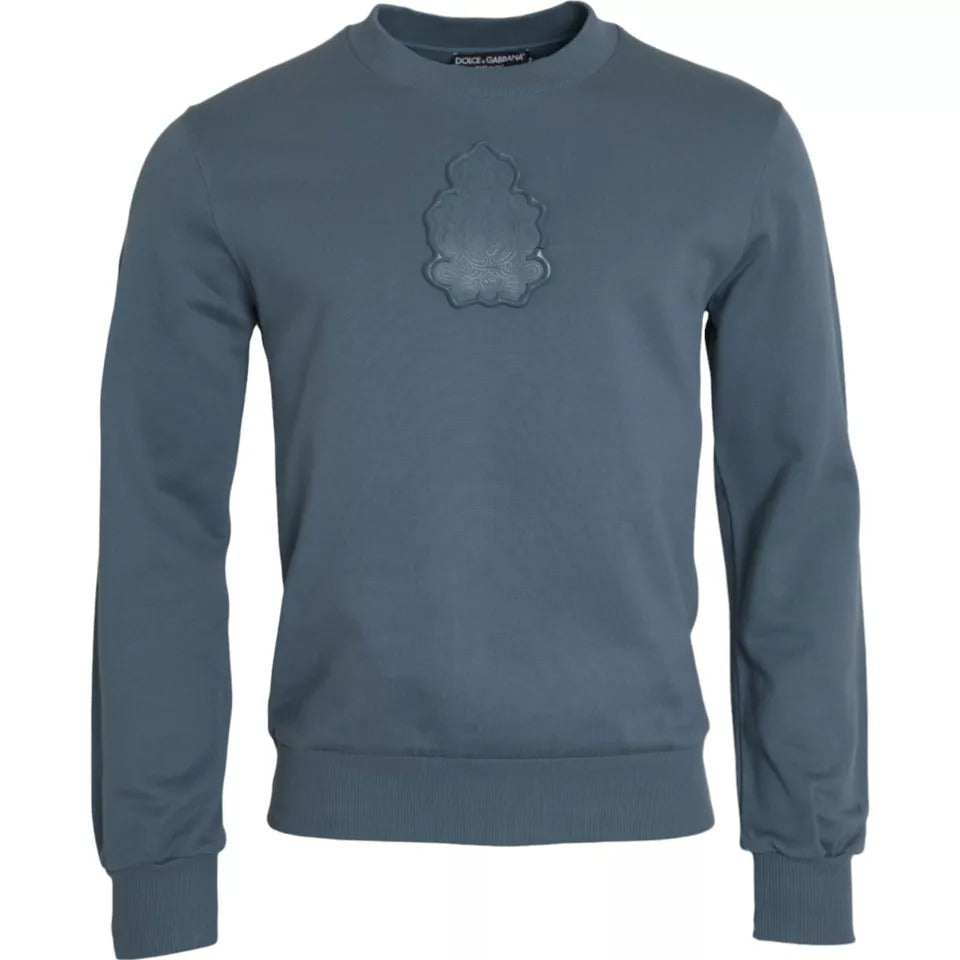 Blauer Herrenpullover mit Rundhalsausschnitt und Logo-Patch aus Baumwolle