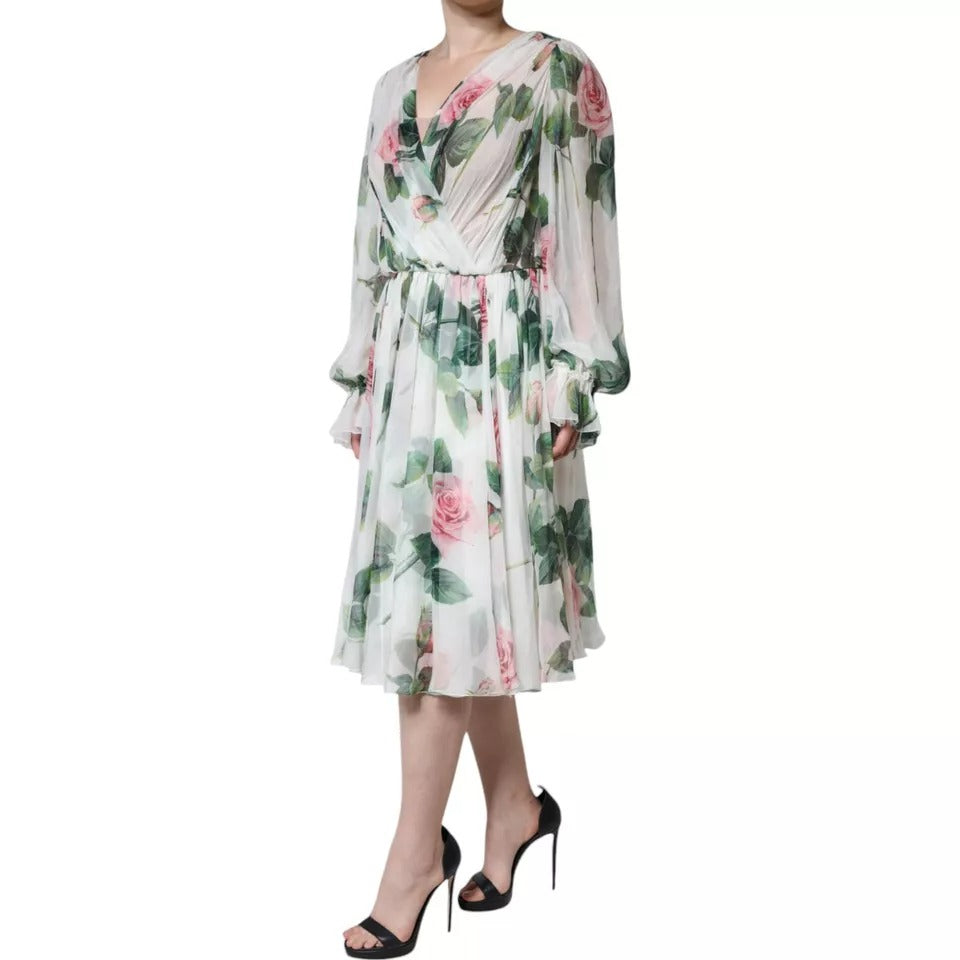 Weißes A-Linien-Midikleid aus Seide mit Blumendruck