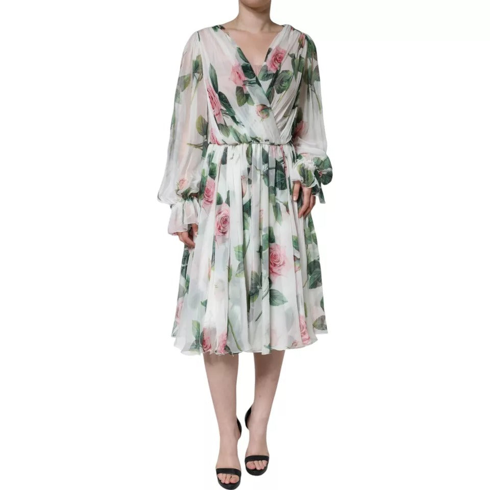 Weißes A-Linien-Midikleid aus Seide mit Blumendruck