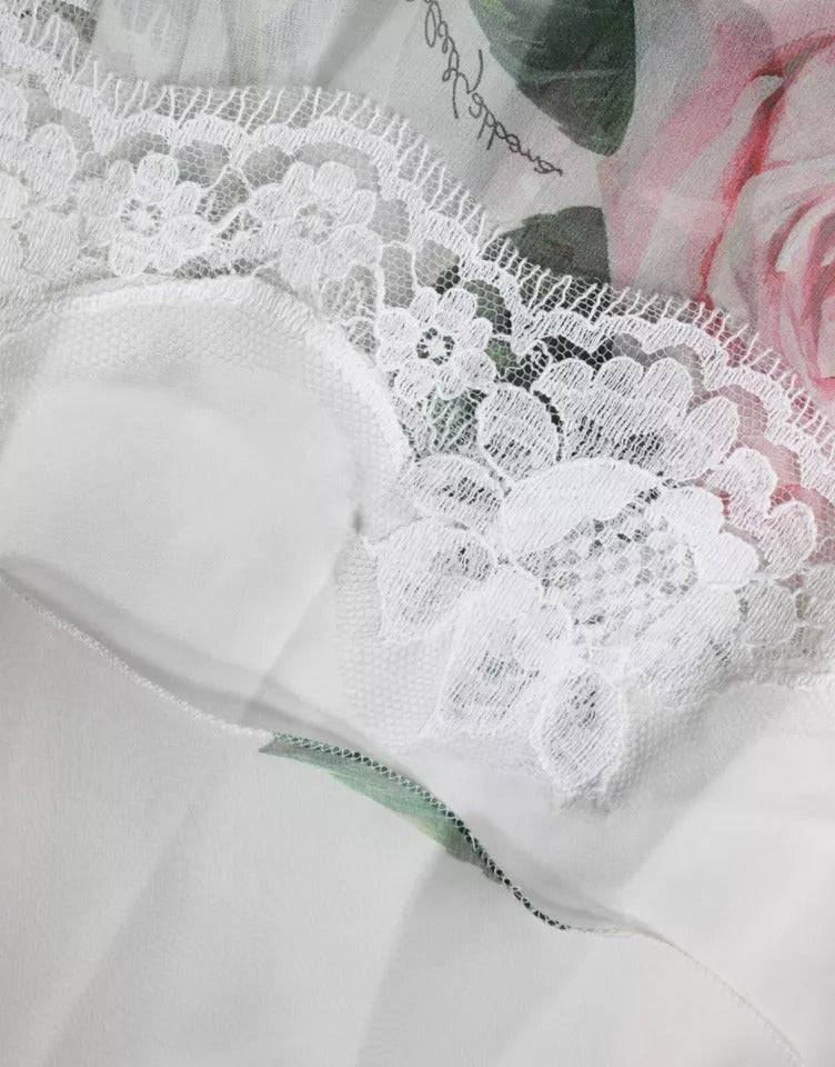 Weißes A-Linien-Midikleid aus Seide mit Blumendruck