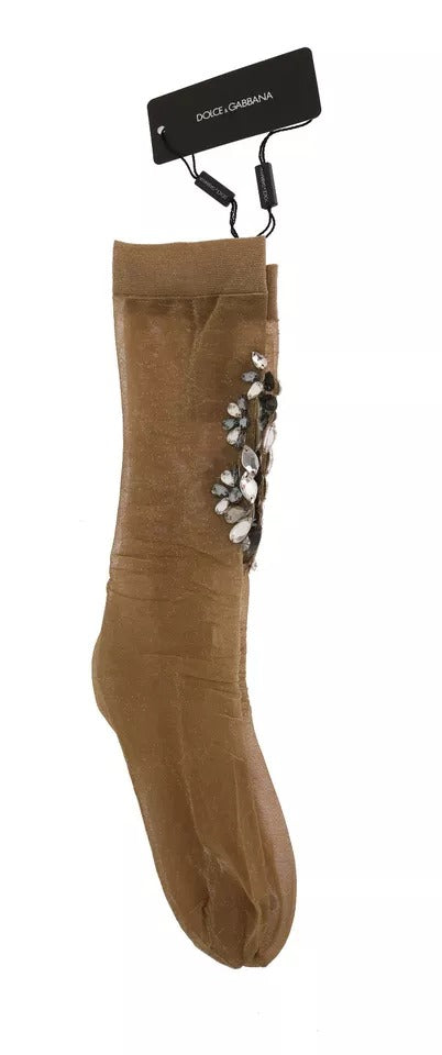 Goldfarbene Stretch-Socken mit Blumenmuster und klarem Kristall