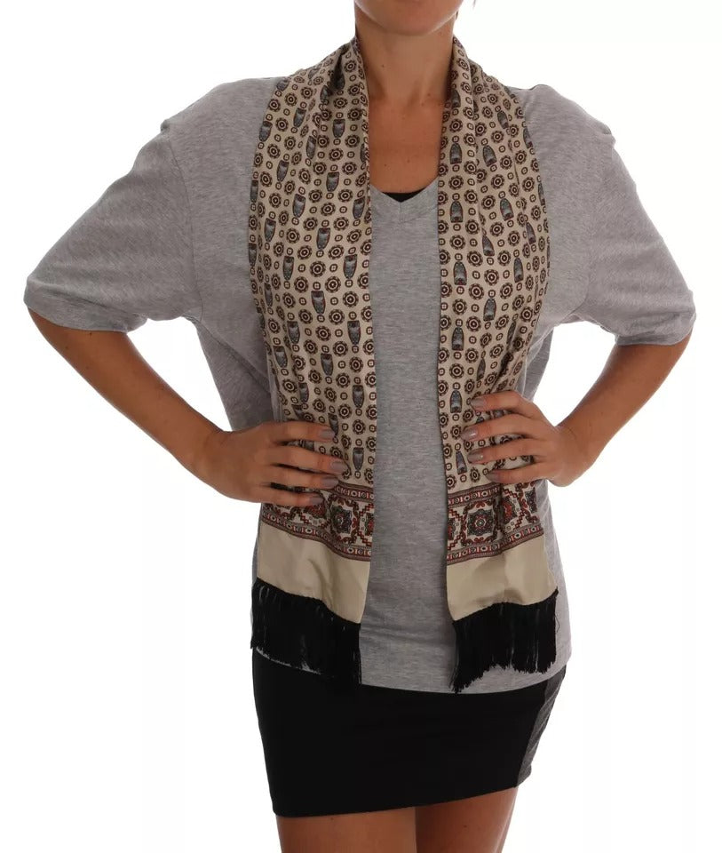 T-shirt con sciarpa in seta e gufo in cotone grigio