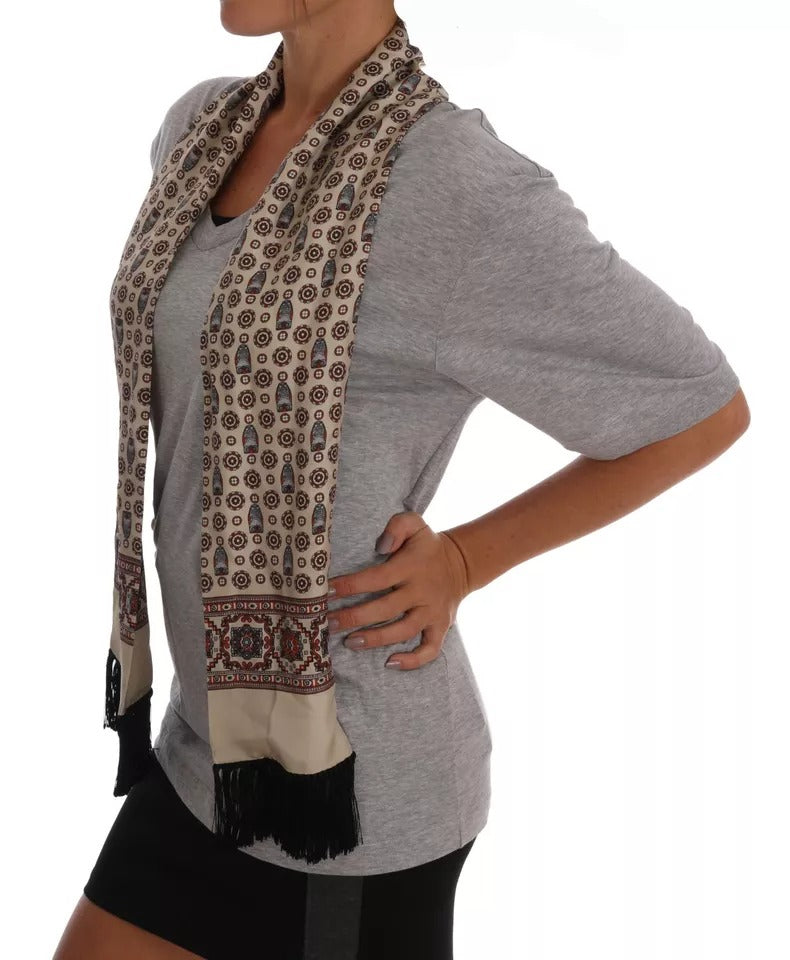 T-shirt con sciarpa in seta e gufo in cotone grigio