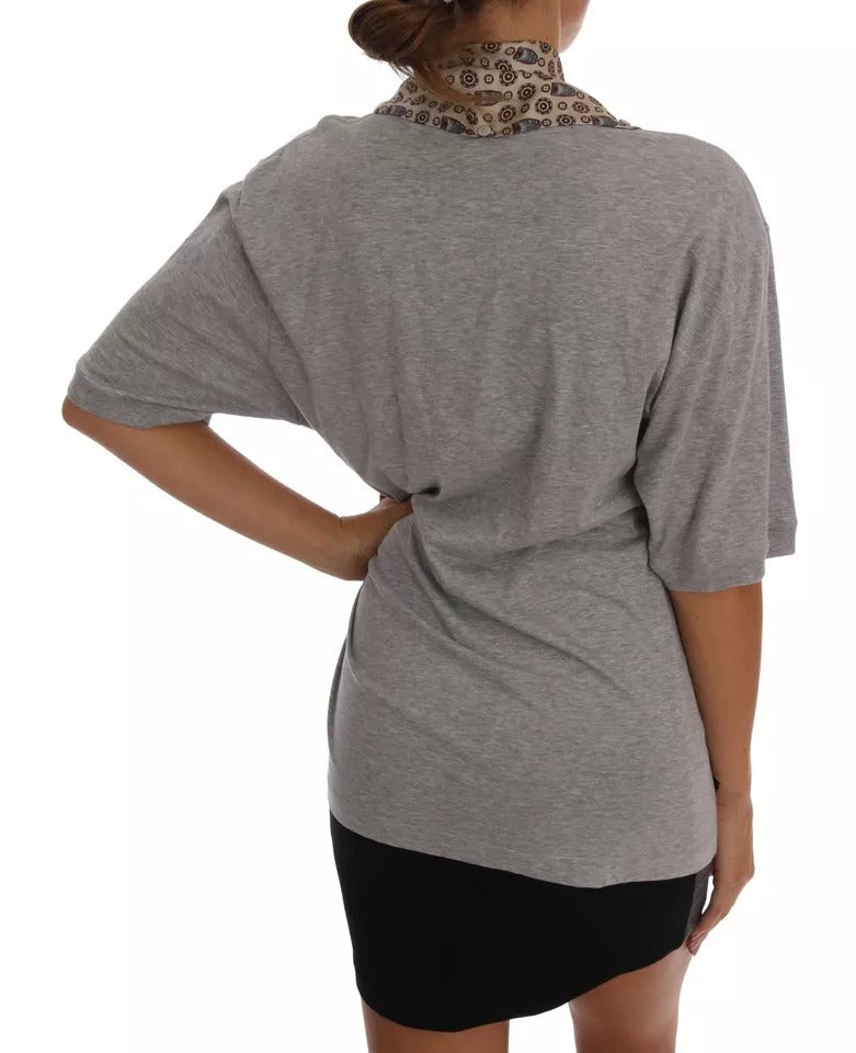 T-shirt con sciarpa in seta e gufo in cotone grigio