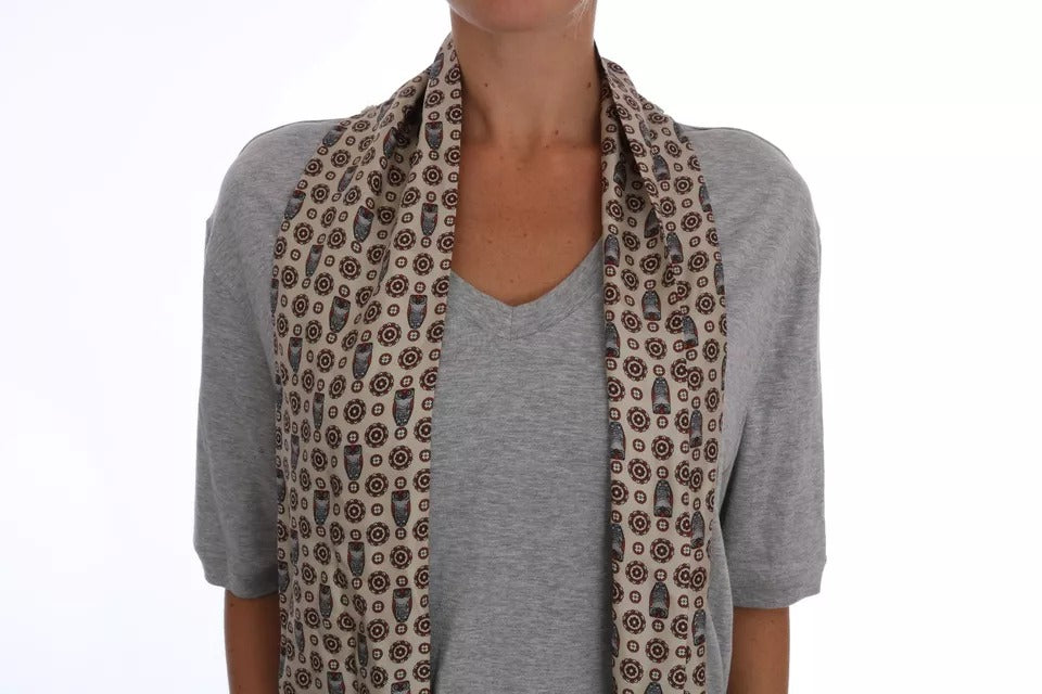 T-shirt con sciarpa in seta e gufo in cotone grigio