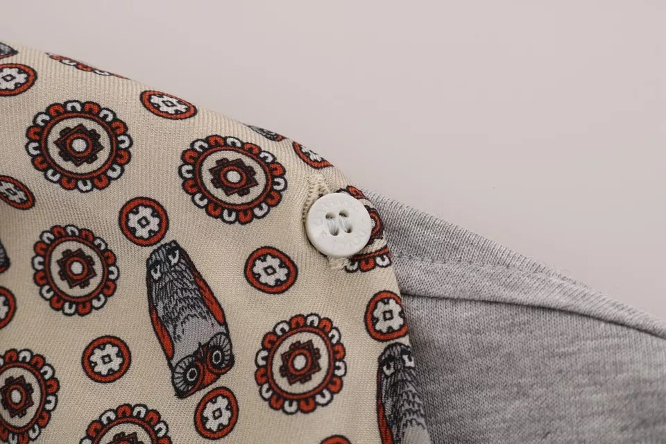 T-shirt con sciarpa in seta e gufo in cotone grigio