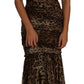 Abito lungo in chiffon di seta leopardato marrone con arricciature a sirena