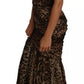Abito lungo in chiffon di seta leopardato marrone con arricciature a sirena