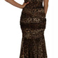 Abito lungo in chiffon di seta leopardato marrone con arricciature a sirena