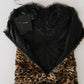 Abito lungo in chiffon di seta leopardato marrone con arricciature a sirena