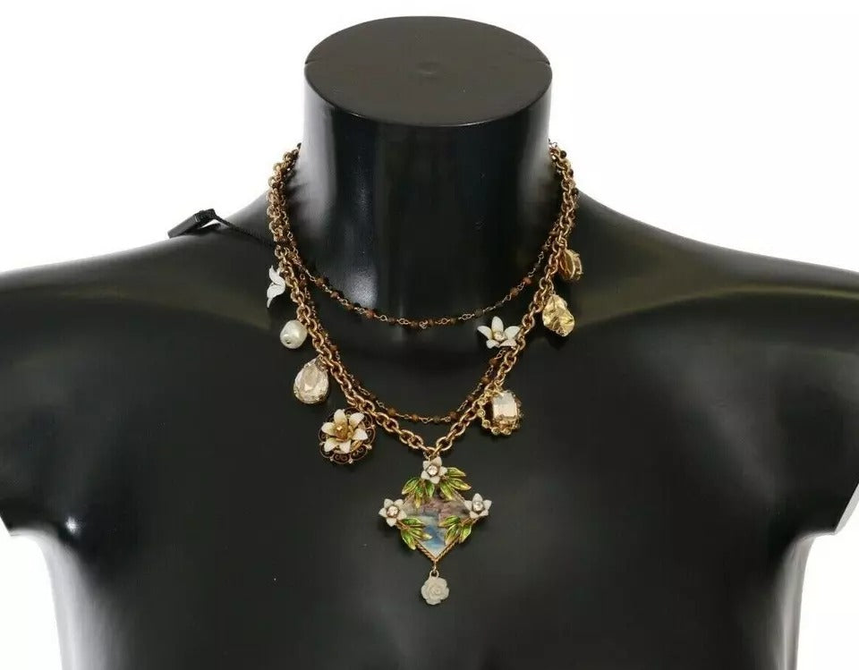 Collana con ciondolo floreale in cristallo e ottone dorato