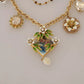 Gold Brass Crystal Floral Statement Charms Necklace