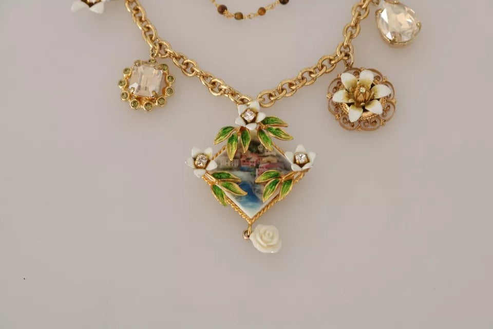 Collana con ciondolo floreale in cristallo e ottone dorato