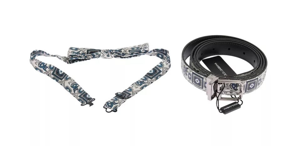 Set regalo con cintura in pelle e papillon in seta blu bianco