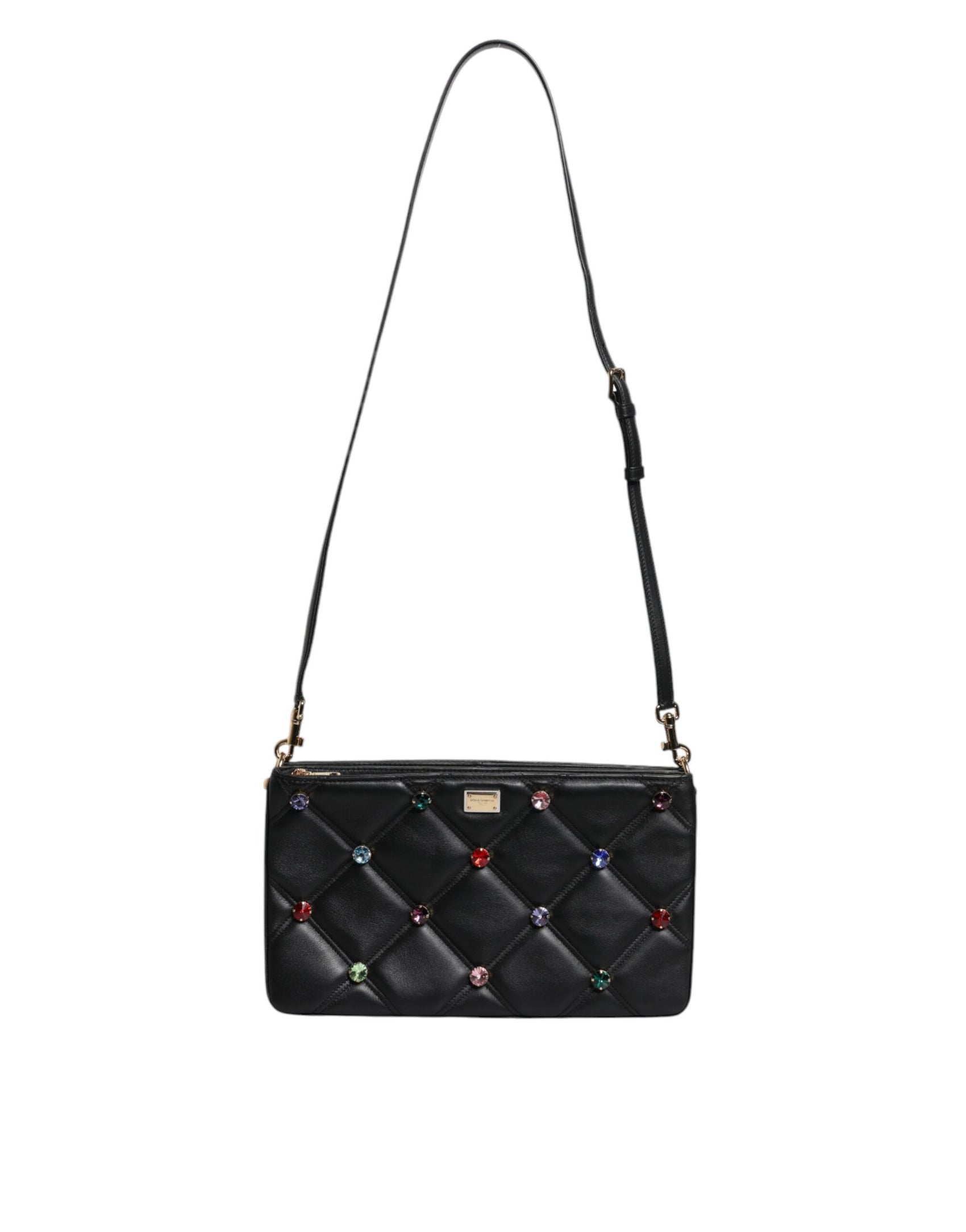 Schwarze Schultertasche aus Leder mit Kristallverzierung und Logo