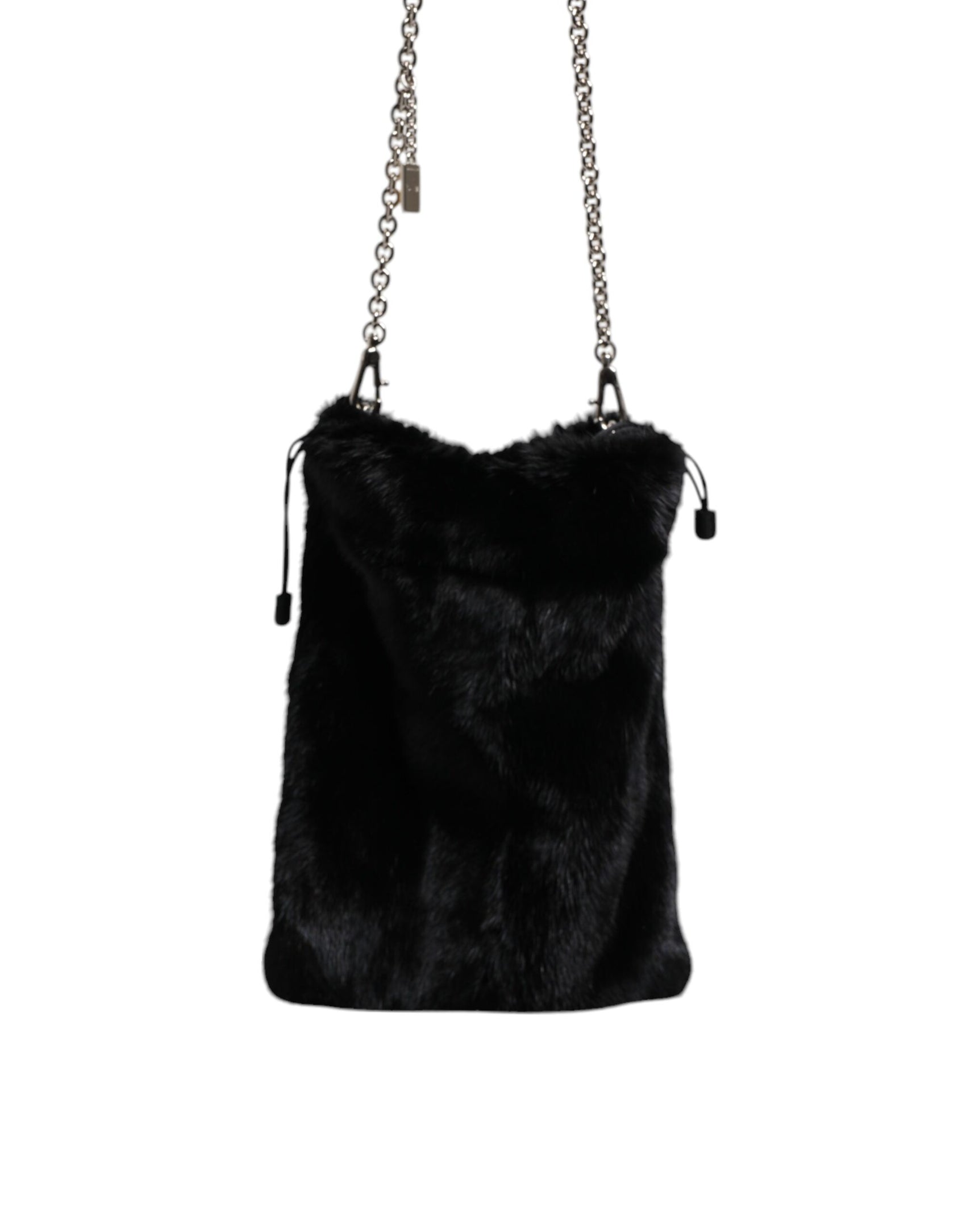 Schwarze Umhängetasche aus Kunstpelz mit silberner Kette